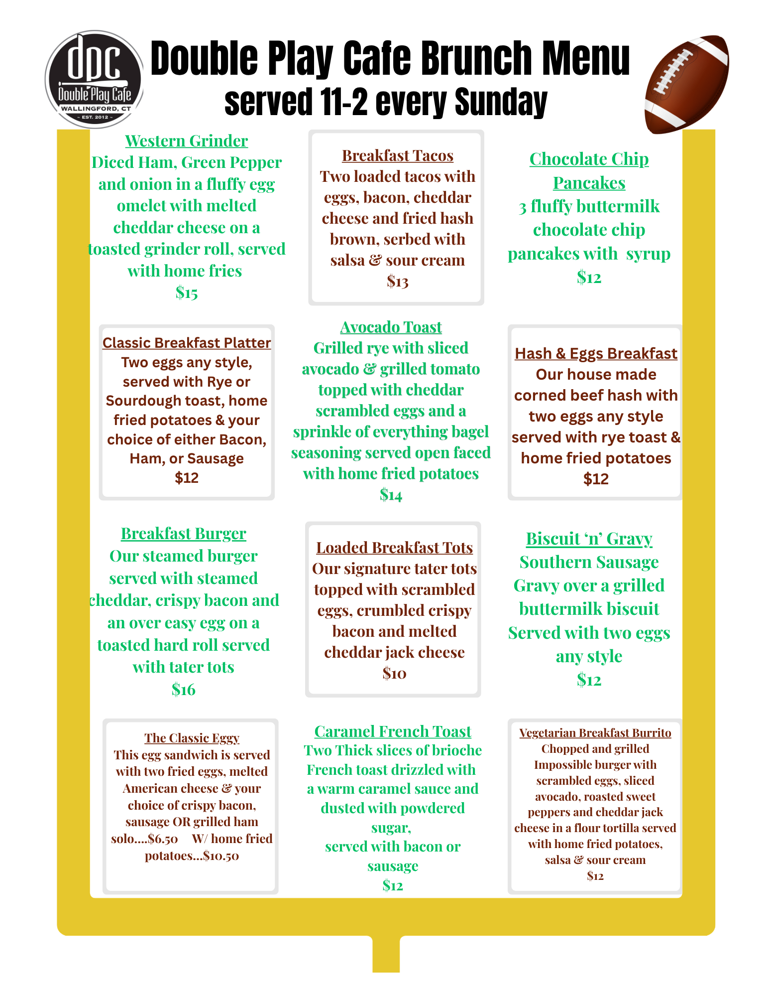 Double Play Cafe Brunch Menu — served 11 to 2 every Sunday